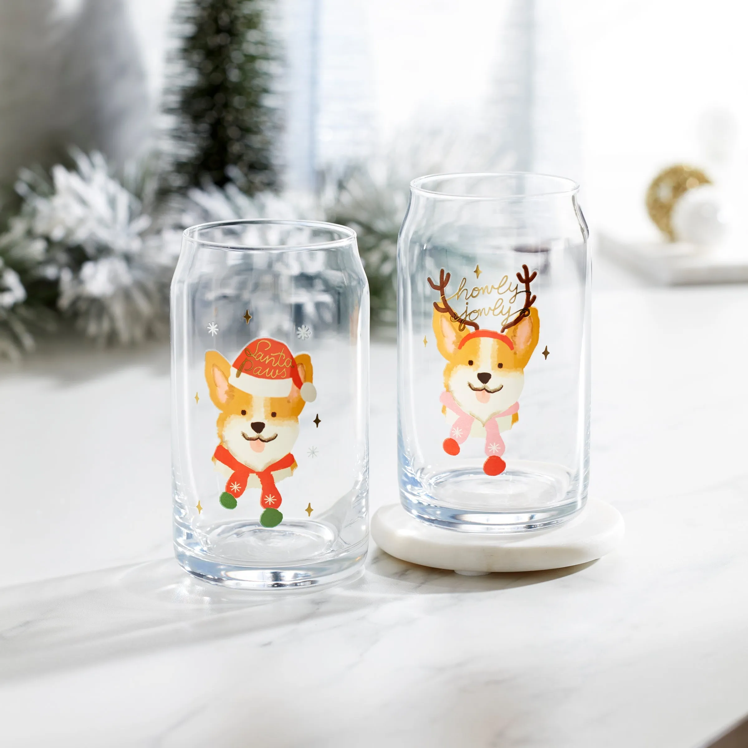 16 Oz Holiday Corgi Cocktail Glasses, Set Of 2