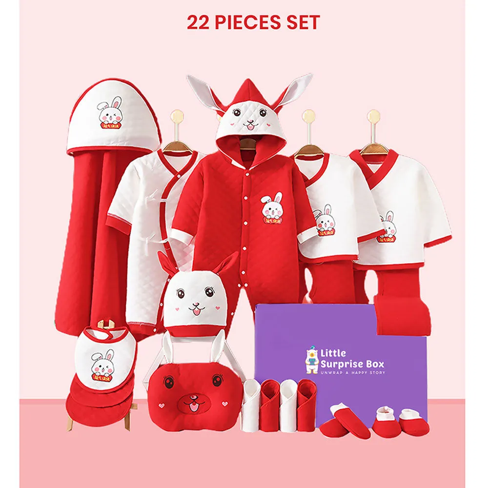 Little Surprise Box 22 Pcs Winter Wear White & Red Bunny Newborn Baby Girl/ Boy Gift Hamper Box