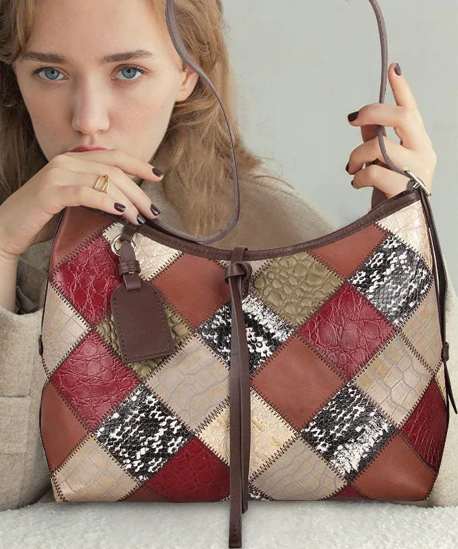 Stylish Colorblock Zippered Patchwork Calf Leather Tote Handbag