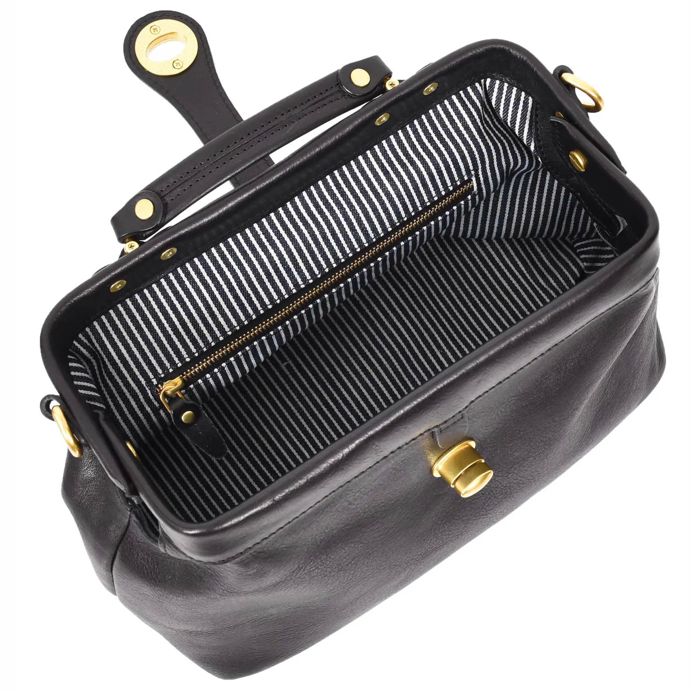 Womens Full Grain Black Leather Handbag Top Handle Framed Gladstone Doctor Bag Chiara